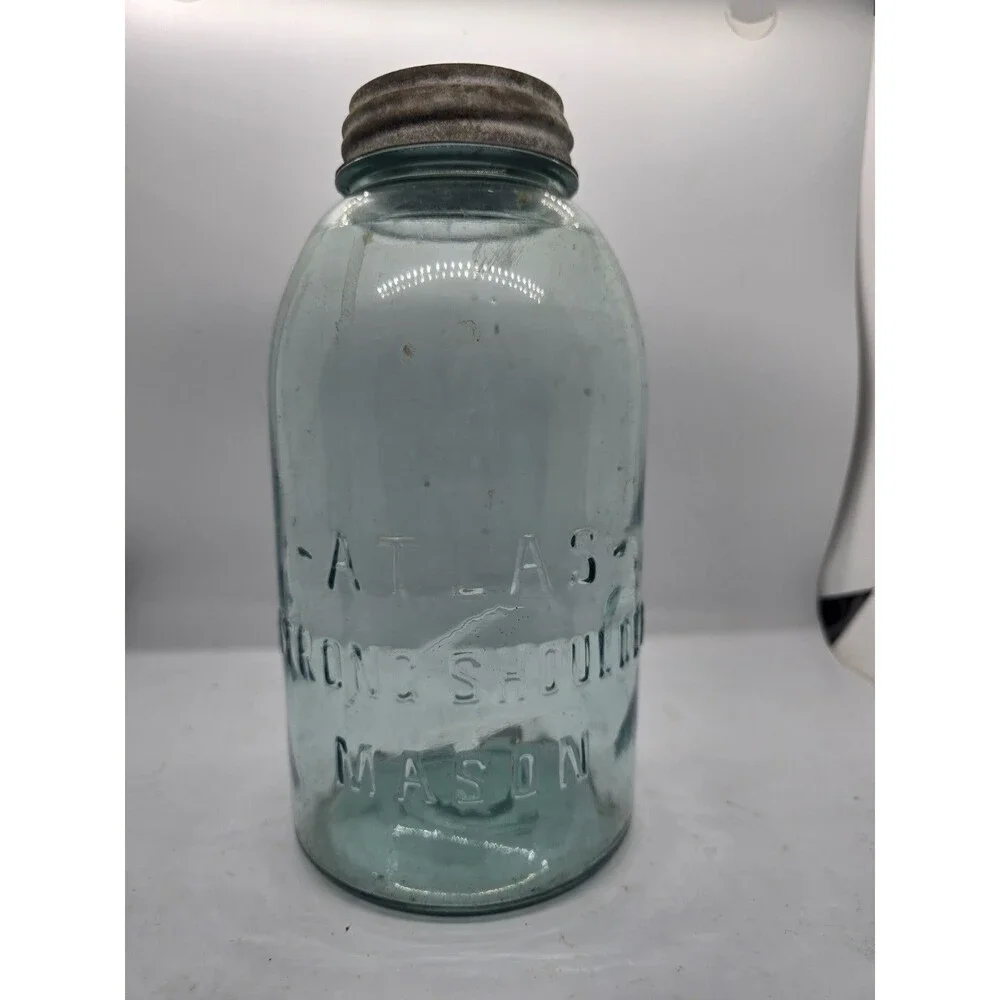 Atlas Strong Shoulder Mason Half Gallon Aqua Blue Jar w/Ball Zinc Lid Vintage